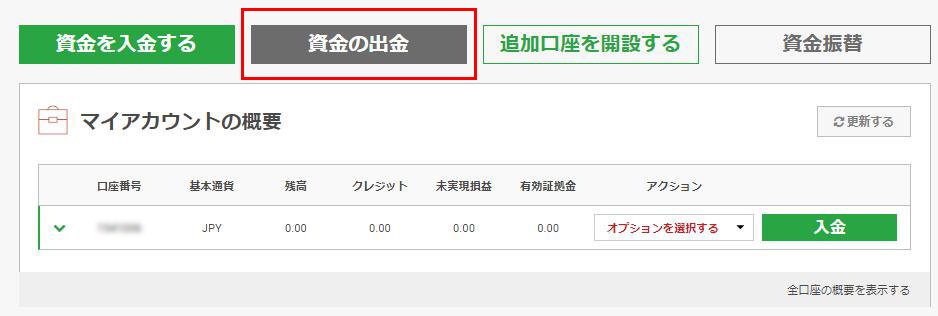 ホーム画面と資金の出金
